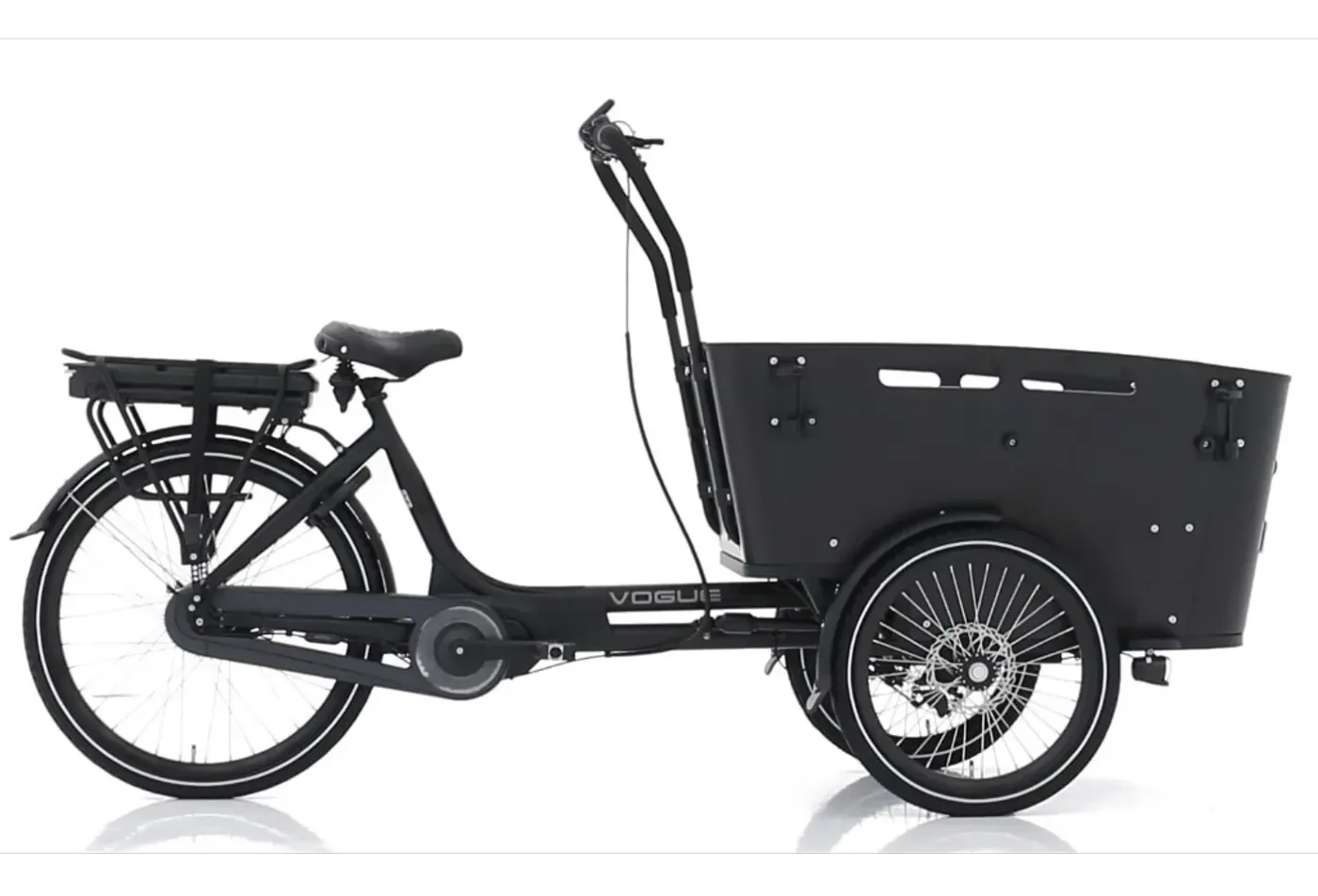 Vogue Carry 3 three wheel cargo bike in matte black, full side view